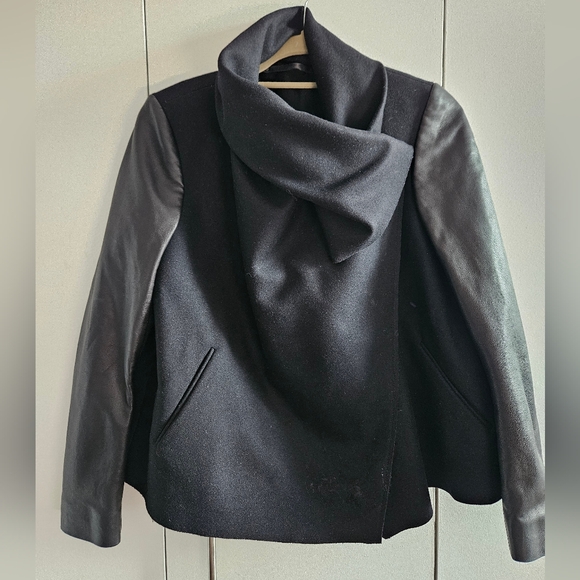 All Saints Black Wool Leather Sleeve Drape Cowl Neck Swoop Jacket 8 U.S. UK 12 - Picture 2 of 8